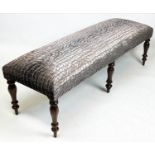 LONG STOOL, 44cm H x 154cm x 47cm, part Victorian mahogany in Designers Guild crocodile patterned