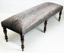 LONG STOOL, 44cm H x 154cm x 47cm, part Victorian mahogany in Designers Guild crocodile patterned