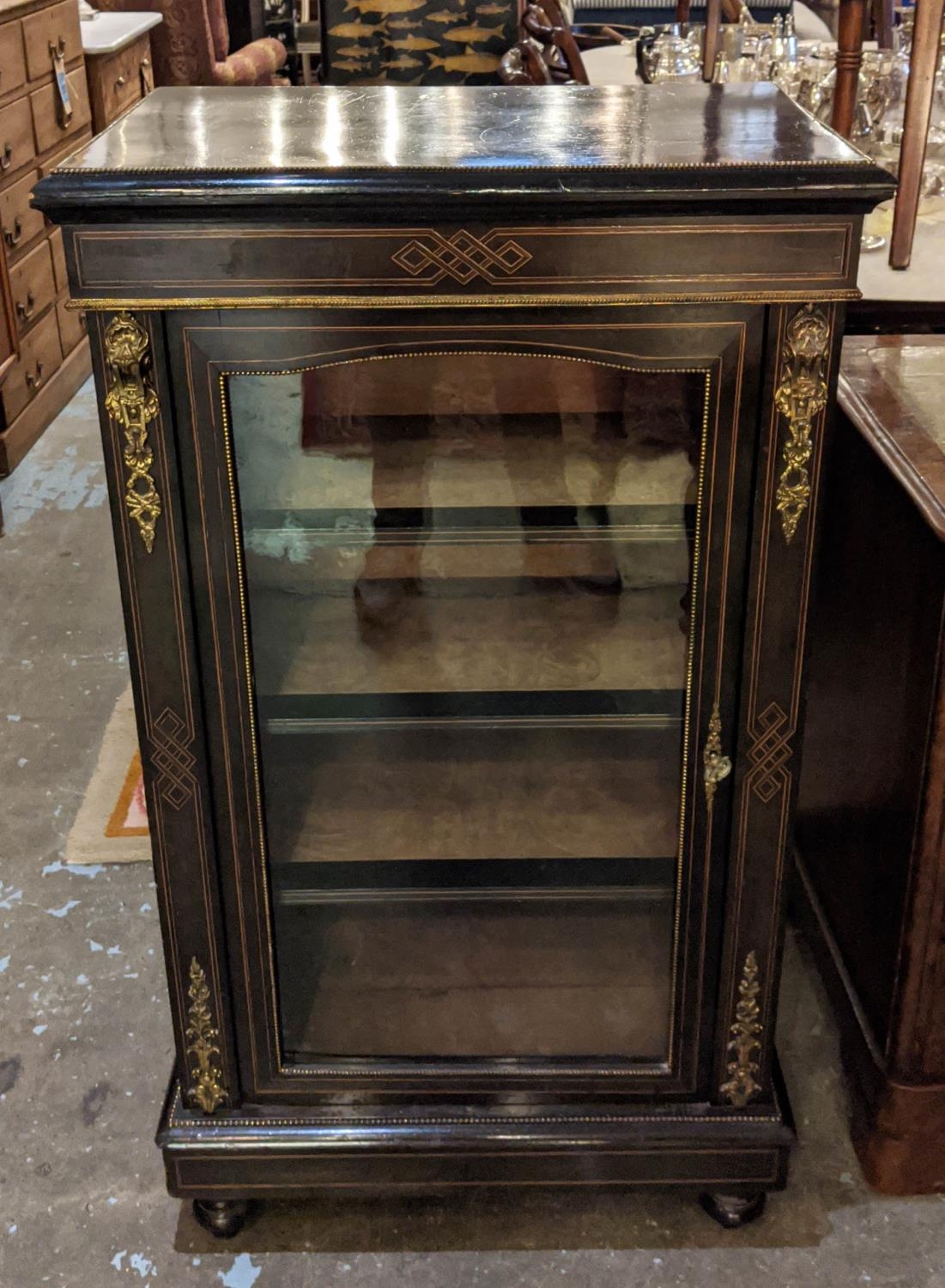 PIER CABINET, Victorian circa 1880, ebonised, boxwood stringing and brass mounted fitted with a - Image 2 of 6