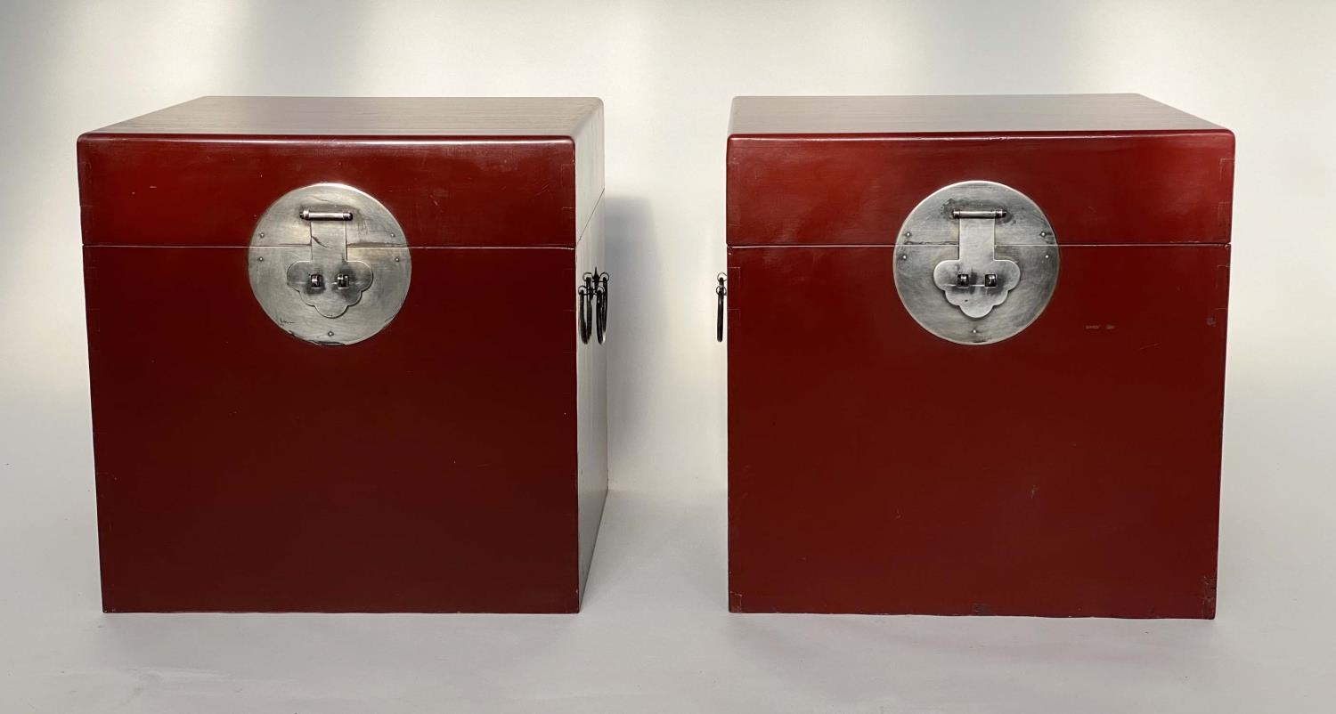 TRUNK SIDE TABLES, a pair, Chinese scarlet lacquered and silvered metal mounted with rising lid, - Image 2 of 4