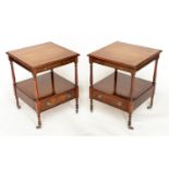 LAMP TABLES, a pair, George III design mahogany and crossbanded each with drawer and undertier, 47cm