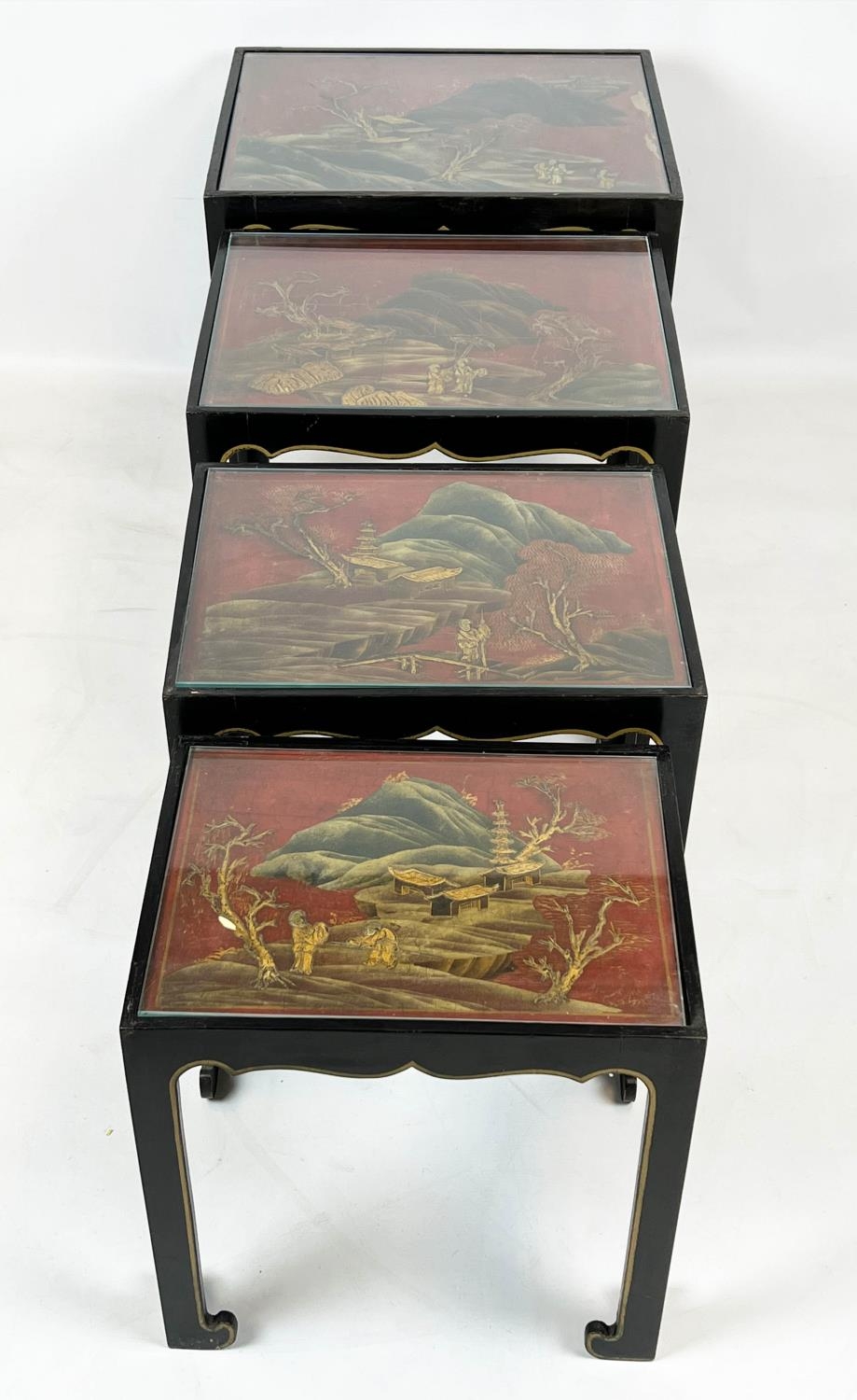 QUARTETTO TABLES, a nest of four, early 20th century scarlet and gilt Chinoiserie decorated, each - Image 3 of 4