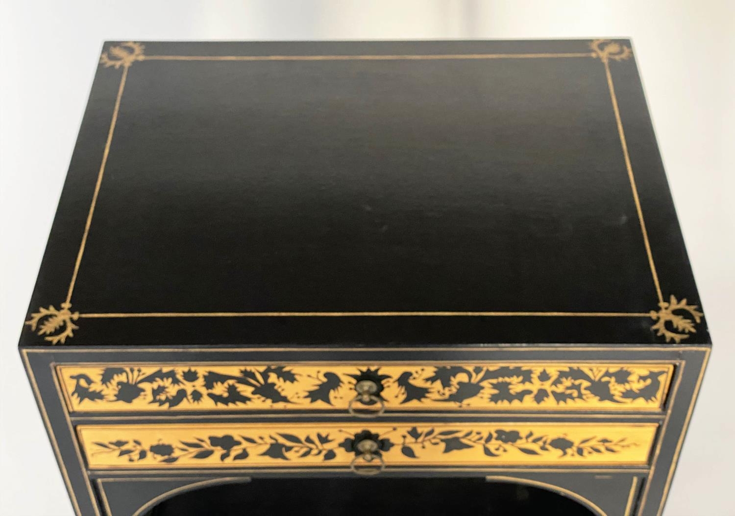 SIDE TABLES, a pair, Regency style satinwood black lacquered and line painted each with two drawers, - Image 6 of 6