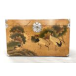 TRUNK, Chinese sienna lacquered with painted cranes and silvered metal mounts, 80cm W x 40cm D x