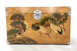 TRUNK, Chinese sienna lacquered with painted cranes and silvered metal mounts, 80cm W x 40cm D x