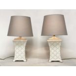 TABLE LAMPS, a pair, white ceramic bamboo style basket work with curved sides and shades, 70cm H. (