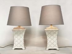 TABLE LAMPS, a pair, white ceramic bamboo style basket work with curved sides and shades, 70cm H. (