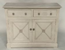 SIDE CABINET, Continental style grey painted with two drawers above two panelled doors and plinth