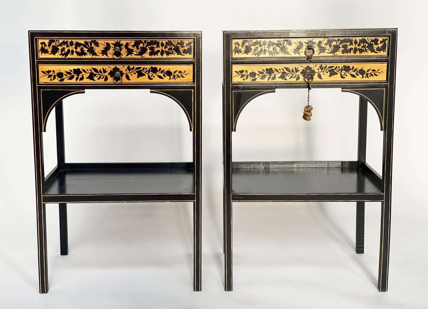 SIDE TABLES, a pair, Regency style satinwood black lacquered and line painted each with two drawers, - Image 4 of 6