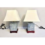 TABLE LAMPS, pair, 42cm H x 28cm W, Chinese export style blue and white ceramic with shades. (2)