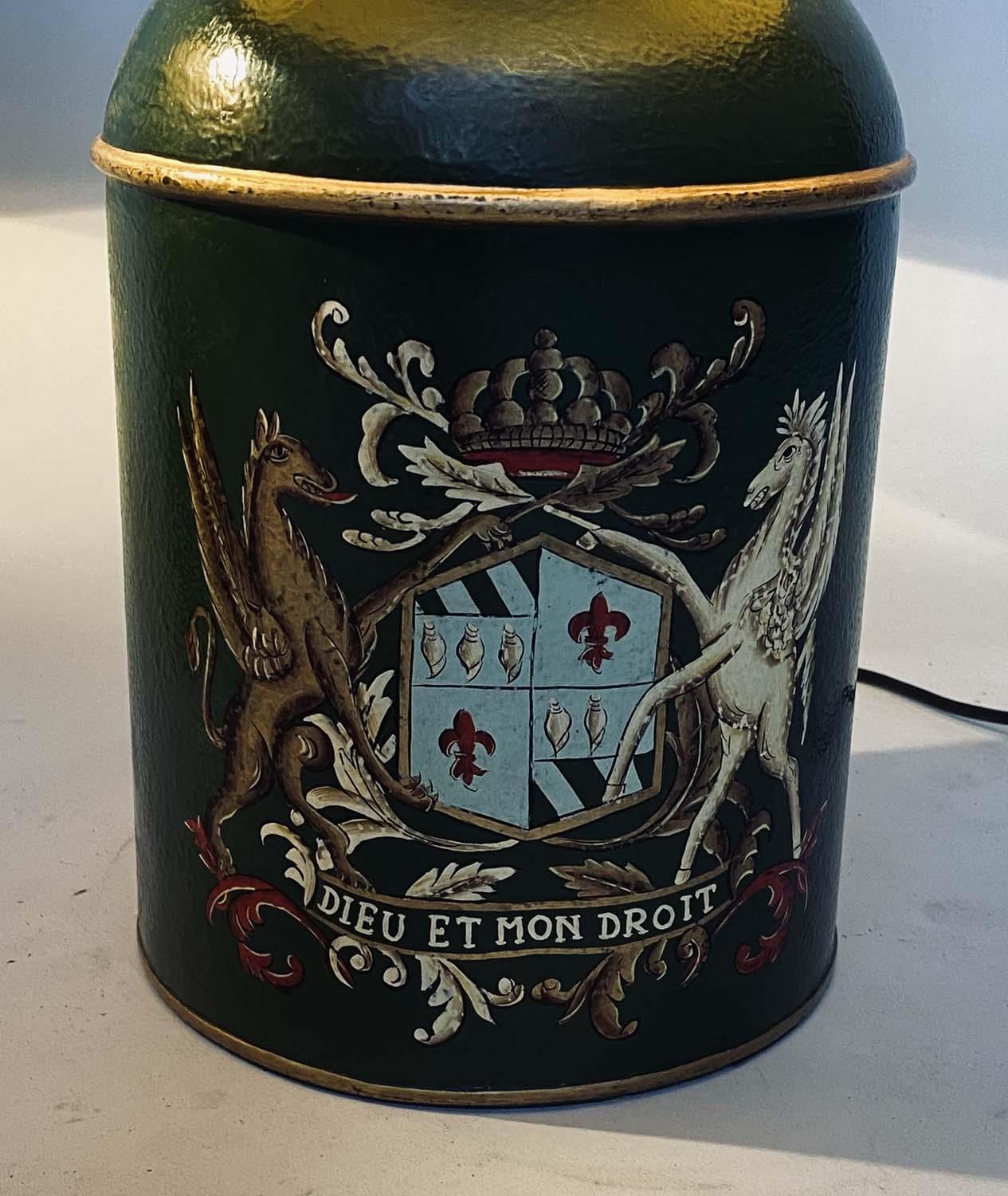 CANISTER LAMPS, a pair, antique style toleware, tea canister form each with royal coat of arms and - Image 2 of 5