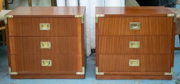CAMPAIGN STYLE BEDSIDE CHESTS, 55cm H x 61cm x 36cm, a pair, sapele and brass mounted of three