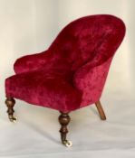 ARMCHAIR, Victorian mahogany with scarlet chenille velvet upholstery with deep buttoned rounded back