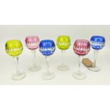 BOHEMIAN STYLE FLASH CUT WINE GLASSES, a set of six, comprising three pairs in red, blue and