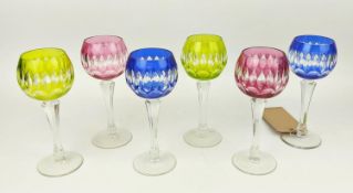 BOHEMIAN STYLE FLASH CUT WINE GLASSES, a set of six, comprising three pairs in red, blue and