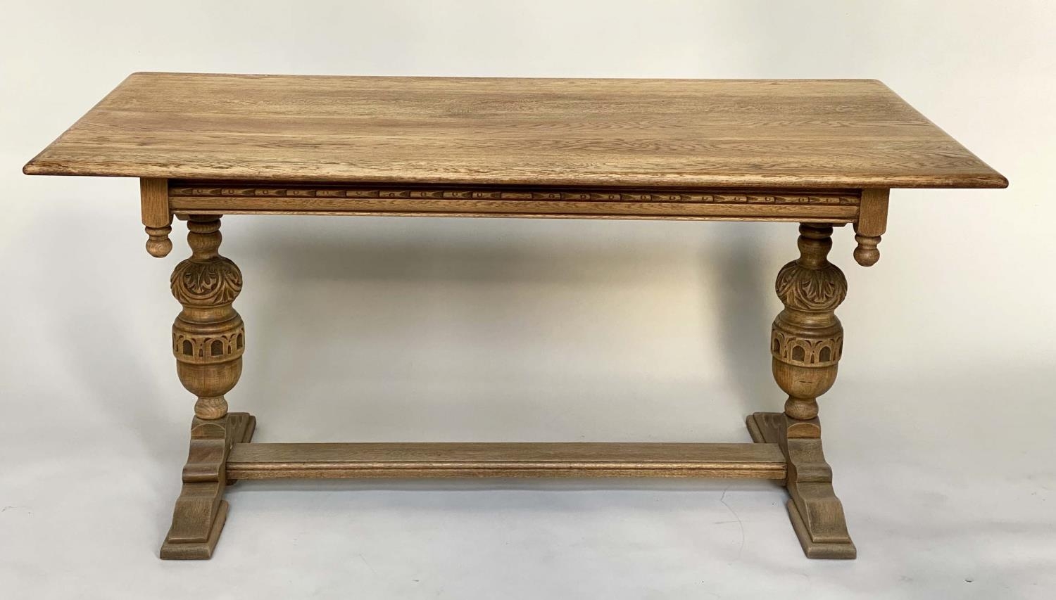 REFECTORY TABLE, 17th century style oak with rectangular planked top, carved twin pillars and flat - Image 2 of 7