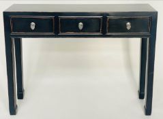 CHINESE HALL/CONSOLE TABLE, black lacquered and silvered metal mounted with three frieze drawers,