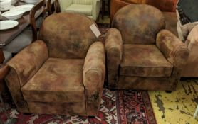 ARMCHAIRS, a pair, in the Art Deco style, brown leather, 80cm H x 80cm W x 85cm D. (2)