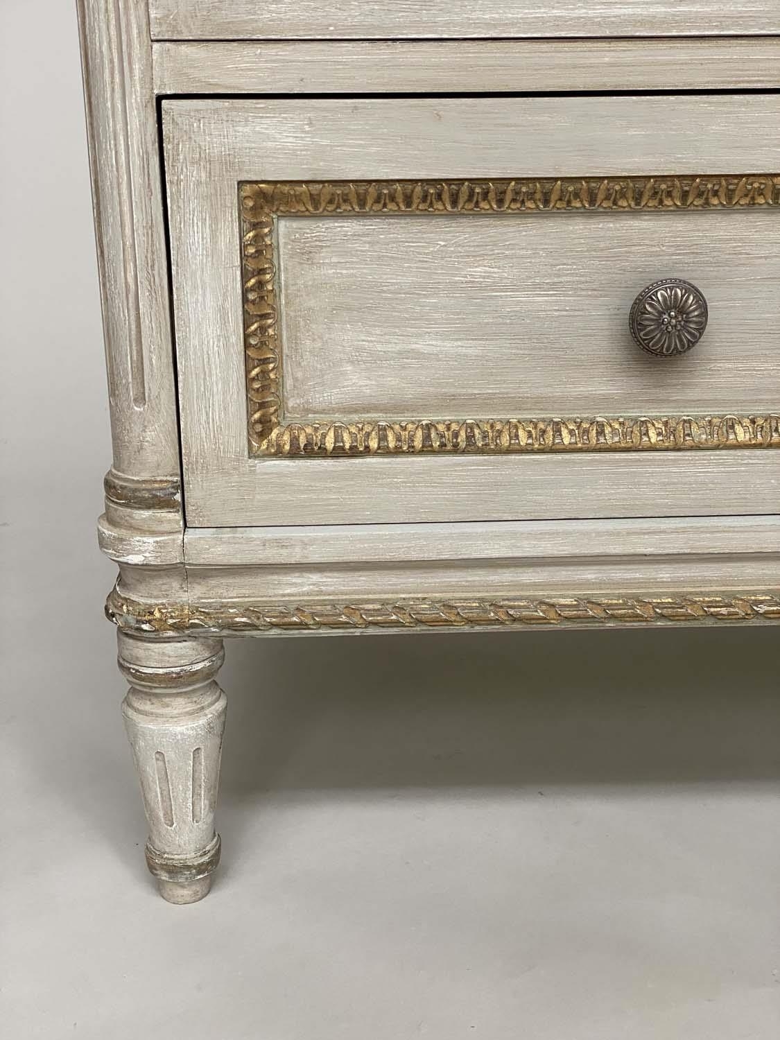 COMMODE, French Louis XVI style grey painted and parcel gilt with three long drawers and fluted - Image 4 of 7