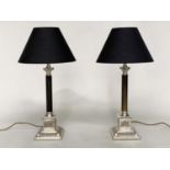 COLUMN LAMPS, a pair, Neo Classical form silvered metal mounted with Corinthian capped columns and