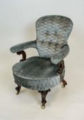 BEDROOM CHAIR, Victorian buttoned back in shimmering blue upholstery on carved cabriole legs with