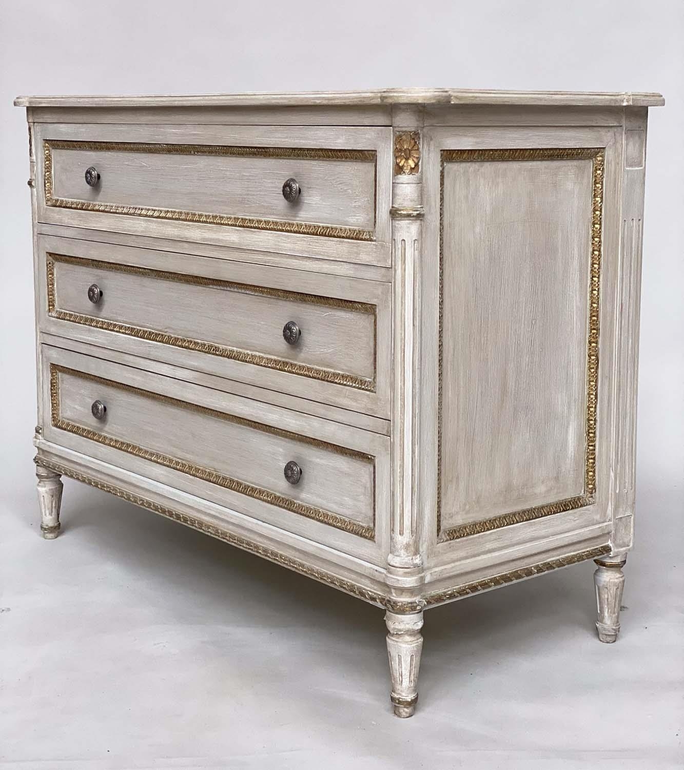 COMMODE, French Louis XVI style grey painted and parcel gilt with three long drawers and fluted - Image 2 of 7