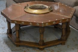 ARABIAN FIRE PIT TABLE, 50cm H x 105cm, oak, copper and brass with studded octagonal top.
