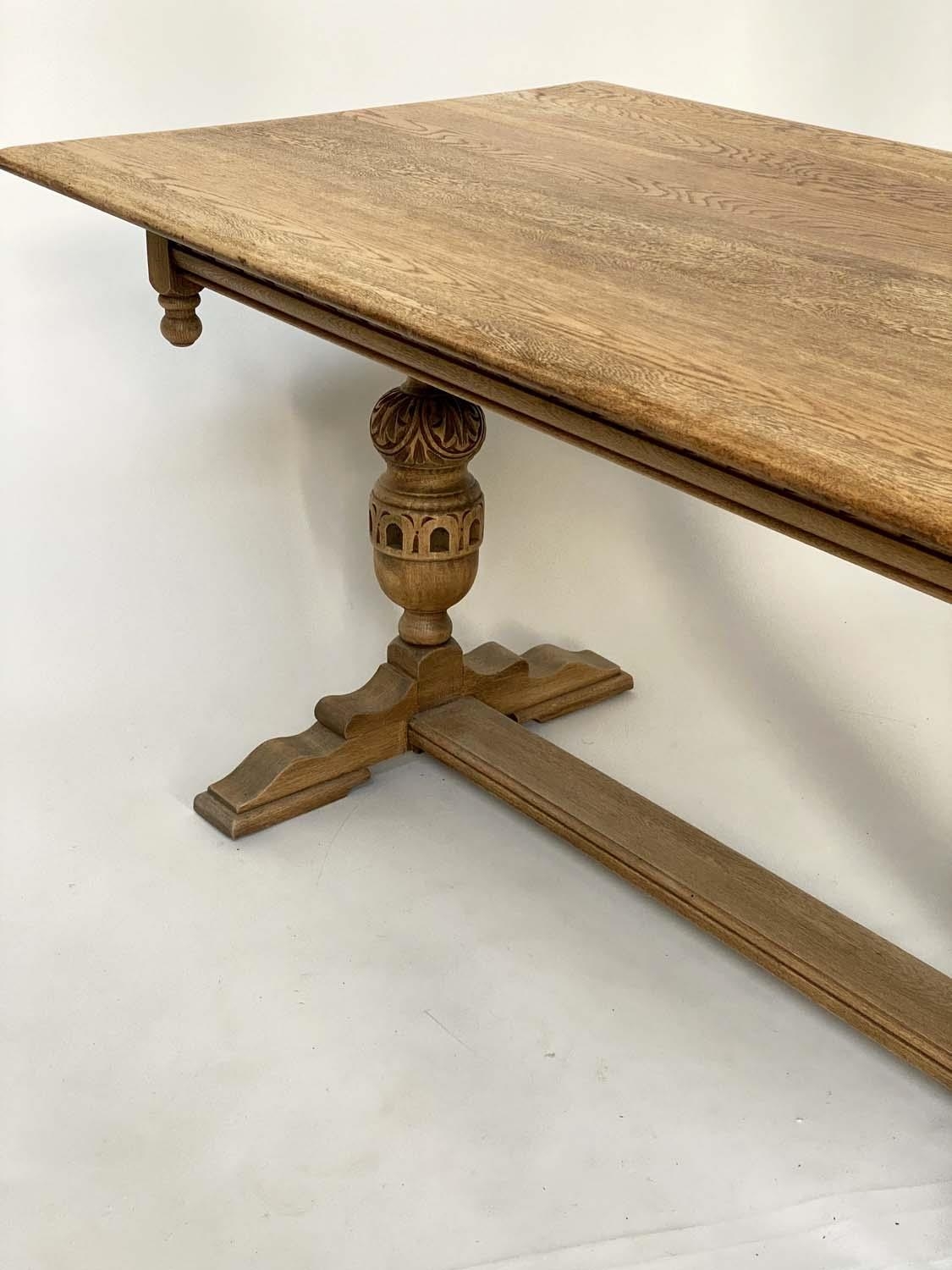 REFECTORY TABLE, 17th century style oak with rectangular planked top, carved twin pillars and flat - Image 6 of 7