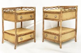 LAMP TABLES, a pair, bamboo framed, wicker panelled and cane bound each with two drawers and