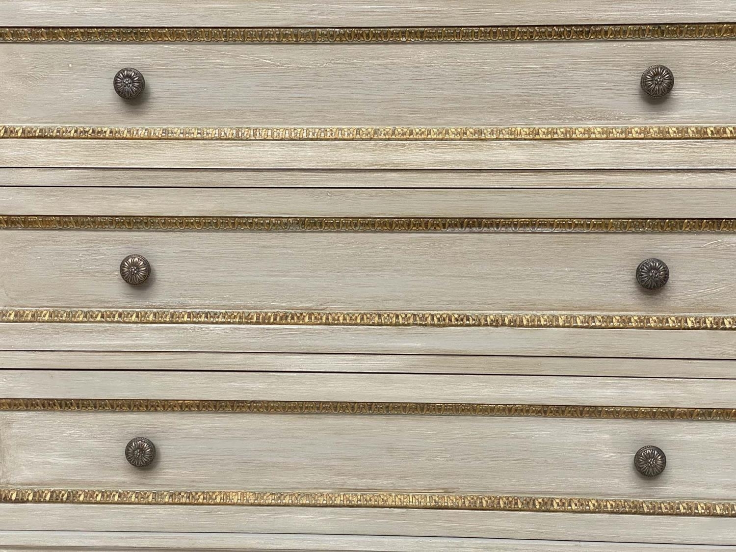 COMMODE, French Louis XVI style grey painted and parcel gilt with three long drawers and fluted - Image 7 of 7