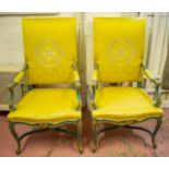 FAUTEUILS, 122cm H x 66cm W, a pair, Régence style, blue painted and gilt heightened in yellow