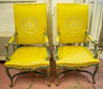 FAUTEUILS, 122cm H x 66cm W, a pair, Régence style, blue painted and gilt heightened in yellow