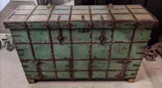 INDIAN DOWRY CHEST, 150cm x 47cm x 97cm, blue painted with metal work binding.