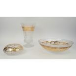 ST LOUIS VASE, bowl and ashtray with gilt decoration, vase 29cm H, bowl 25cm diam, ashtray 15cm