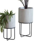 PLANTERS ON STANDS, two graduated pairs, in aged white finish, 30cm diam. x 58cm at largest. (4)