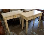 CONSOLE TABLES, a pair, each 40cm x 80cm x 81cm H, one cream and lime painted, the other cream and