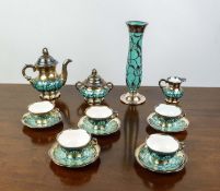 HUTSCHENREUTHER HOHENBERG GERMANY TEA SET, turquoise with silver overlaid, including as teapot,