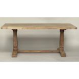 FARMHOUSE TABLE, French style rectangular teak planked and cleated with twin turned pillar supports,