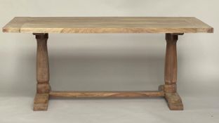 FARMHOUSE TABLE, French style rectangular teak planked and cleated with twin turned pillar supports,