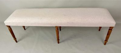 HALL SEAT, neutral linen upholstery, turned supports, 49cm x 151cm x 41cm.