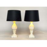 TABLE LAMPS, a pair, vase form white marble with shades, 53cm H. (2)