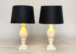 TABLE LAMPS, a pair, vase form white marble with shades, 53cm H. (2)