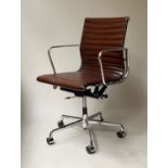 REVOLVING DESK CHAIR, Charles and Ray Eames inspired with ribbed mid brown leather seat, revolving