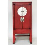 MARRIAGE CABINET, 195cm H x 84cm W x 45cm D, Chinese scarlet lacquered and silvered metal mounted