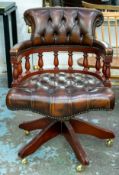 DESK CHAIR, 91cm H x 65cm, brown leather with swivel seat.