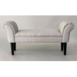 WINDOW SEAT, cream upholstered with scroll upstand arms.