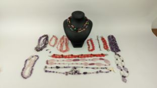 A COLLECTION OF GEMSTONE JEWELLERY, comprising amethyst six-strand chip necklace, an amethyst and