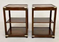 LAMP TABLES, a pair, campaign style mahogany and brass bound each with brushing candle slides and