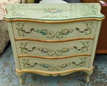 SERPENTINE COMMODE, 100cm x 44cm x 87cm H, in a green and gilt painted floral design, with three