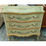 SERPENTINE COMMODE, 100cm x 44cm x 87cm H, in a green and gilt painted floral design, with three